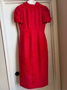 Red Antonio Melani Willow Linen Floral Appliqué Midi Dress